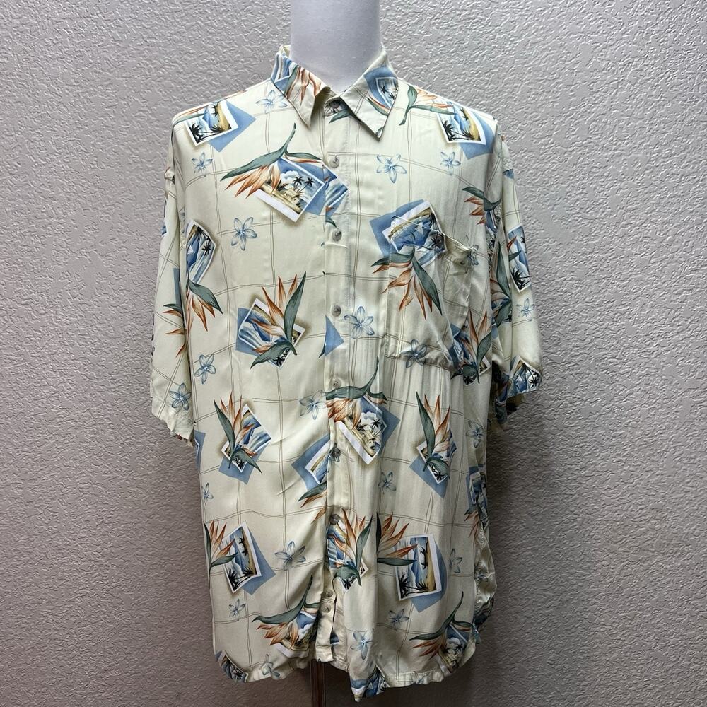 CAMPIA MODA Men’s XXL Vintage Beige+Blue Plaid Floral Hawaiian Shirt